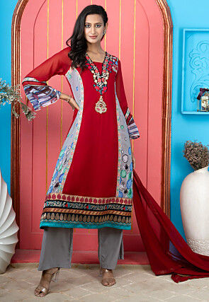 Digital Printed Georgette Pakistani Suit in Maroon