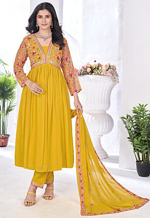 Digital Printed Georgette Pakistani Suit in Mustard