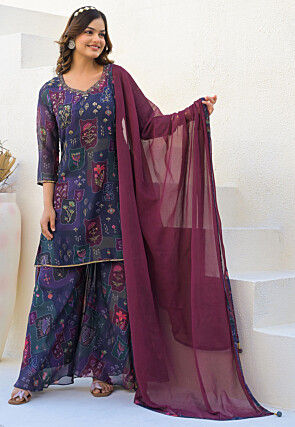 Digital Printed Georgette Pakistani Suit in Navy Blue