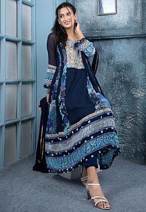 Digital Printed Georgette Pakistani Suit in Navy Blue