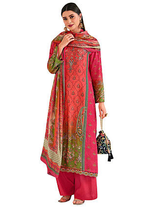 Digital Printed Georgette Pakistani Suit in Peach and Fuchsia