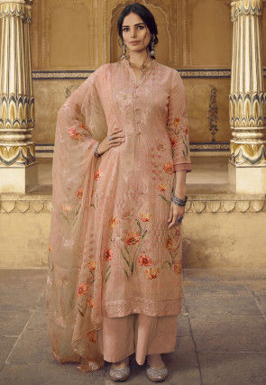 Digital Printed Georgette Pakistani Suit in Peach