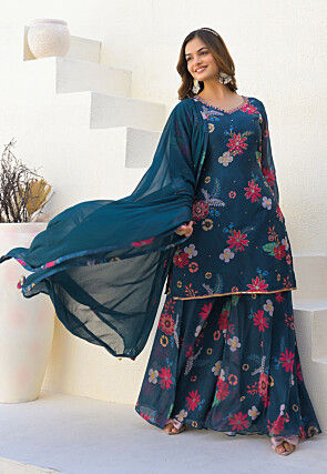 Digital Printed Georgette Pakistani Suit in Teal Blue