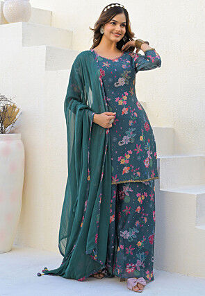 Digital Printed Georgette Pakistani Suit in Teal Blue
