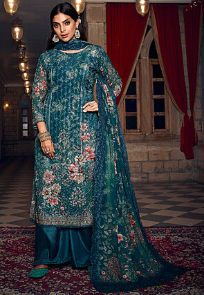 Digital Printed Georgette Pakistani Suit in Teal Blue