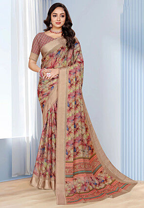 Digital Printed Georgette Saree in Beige and Multicolor