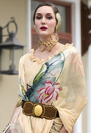 Digital Printed Georgette Saree in Beige