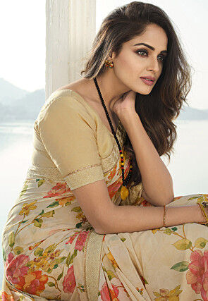 Digital Printed Georgette Saree in Beige