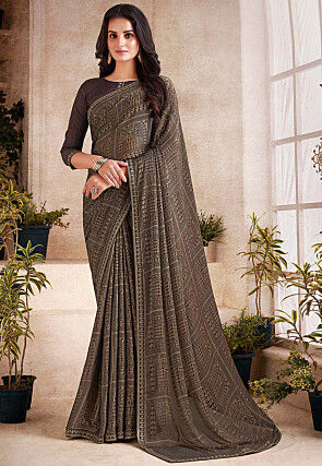 Digital Printed Georgette Saree in Beige