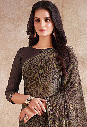 Digital Printed Georgette Saree in Beige