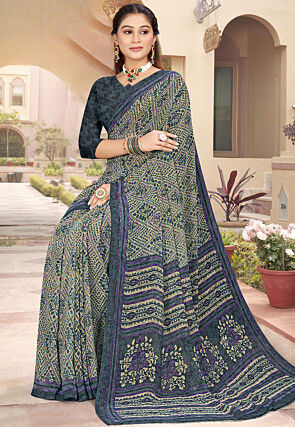 Digital Printed Georgette Saree in Beige