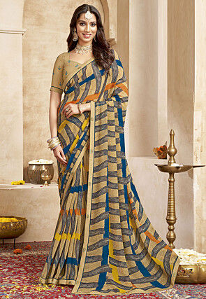 Digital Printed Georgette Saree in Beige