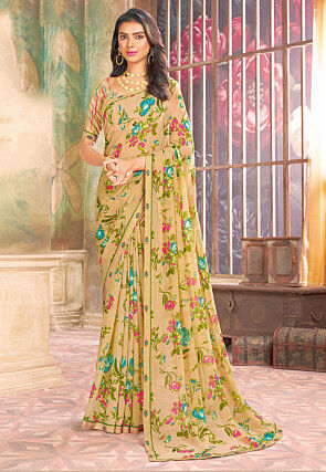 Digital Printed Georgette Saree in Beige