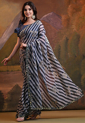 Digital Printed Georgette Saree in Navy Blue and Offwhite