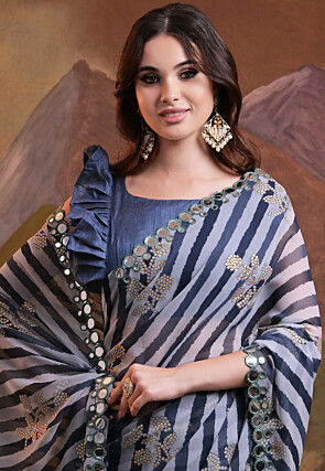 Digital Printed Georgette Saree in Navy Blue and Offwhite