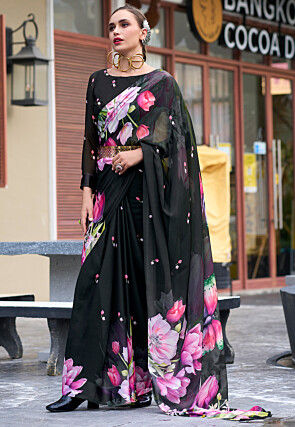 Digital Printed Georgette Saree in Black