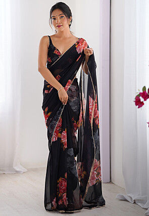 Digital Printed Georgette Saree in Black