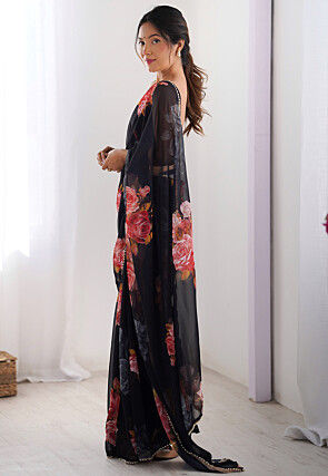 Digital Printed Georgette Saree in Black