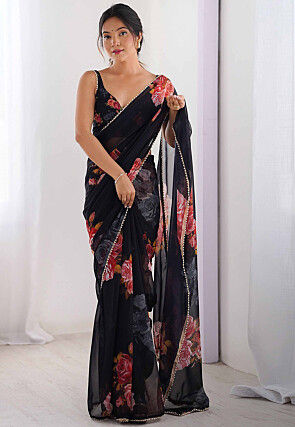 Digital Printed Georgette Saree in Black