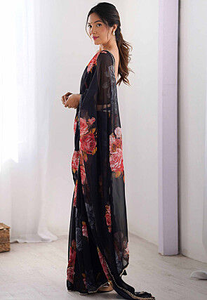 Digital Printed Georgette Saree in Black