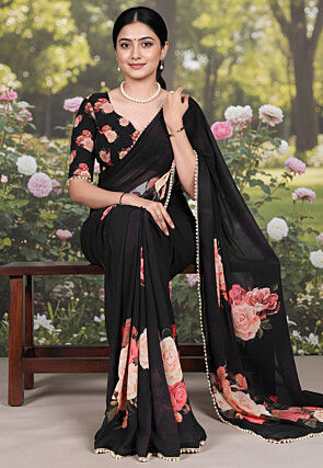 Digital Printed Georgette Saree in Black
