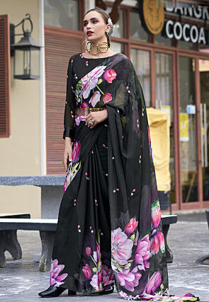 Digital Printed Georgette Saree in Black