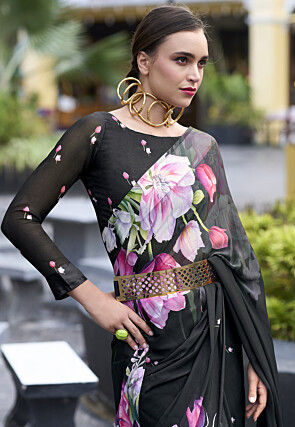 Digital Printed Georgette Saree in Black
