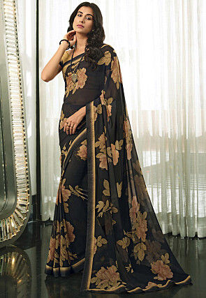 Digital Printed Georgette Saree in Black