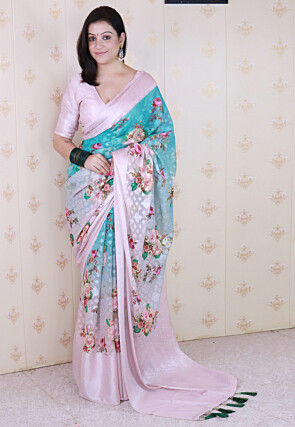 Digital Printed Georgette Saree in Blue and Baby Pink