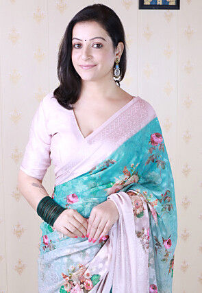 Digital Printed Georgette Saree in Blue and Baby Pink