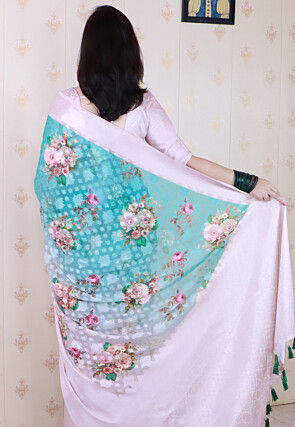 Digital Printed Georgette Saree in Blue and Baby Pink