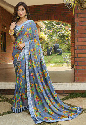 Digital Printed Georgette Saree in Blue