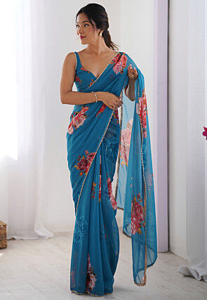 Digital Printed Georgette Saree in Blue