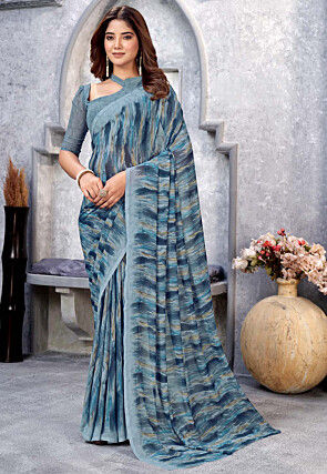 Blue Georgette Printed Saree RV05 main image 1