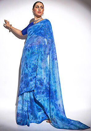 Digital Printed Georgette Saree in Blue