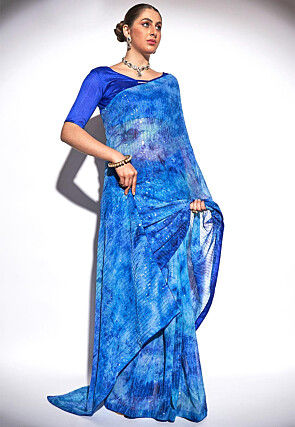 Digital Printed Georgette Saree in Blue