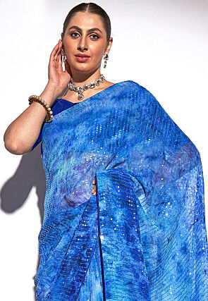 Digital Printed Georgette Saree in Blue