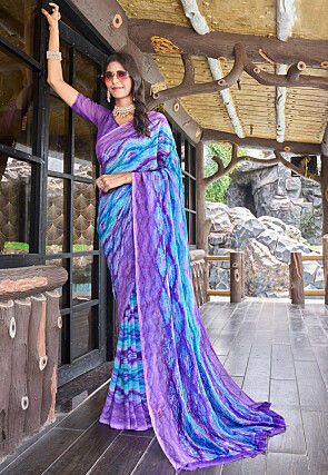 Digital Printed Georgette Saree in Blue