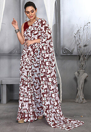 Digital Printed Georgette Saree in Brown and White