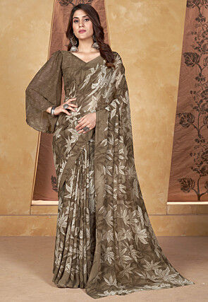Digital Printed Georgette Saree in Brown