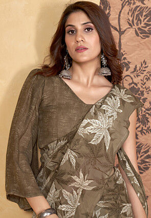 Digital Printed Georgette Saree in Brown