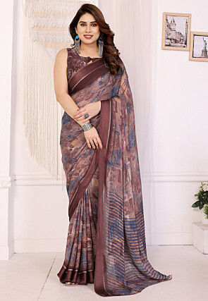 Digital Printed Georgette Saree in Brown