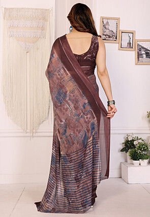 Digital Printed Georgette Saree in Brown
