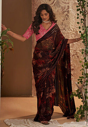 Digital Printed Georgette Saree in Brown