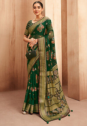 Digital Printed Georgette Saree in Dark Green
