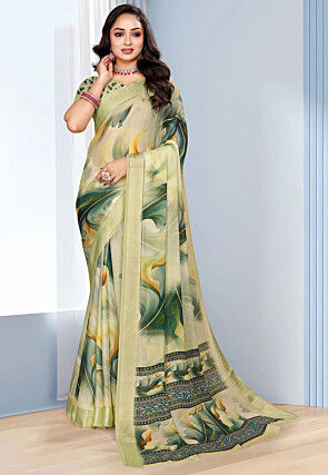 Digital Printed Georgette Saree in Dusty Green
