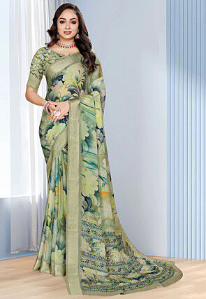 Digital Printed Georgette Saree in Dusty Green