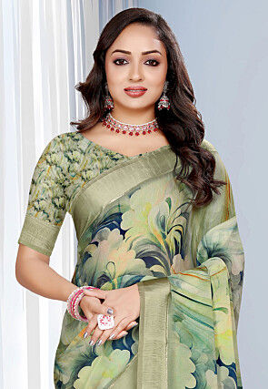 Digital Printed Georgette Saree in Dusty Green