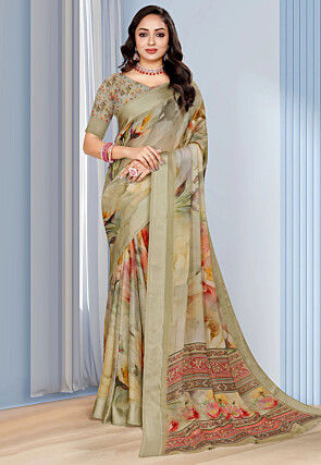 Digital Printed Georgette Saree in Dusty Green