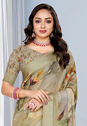 Digital Printed Georgette Saree in Dusty Green